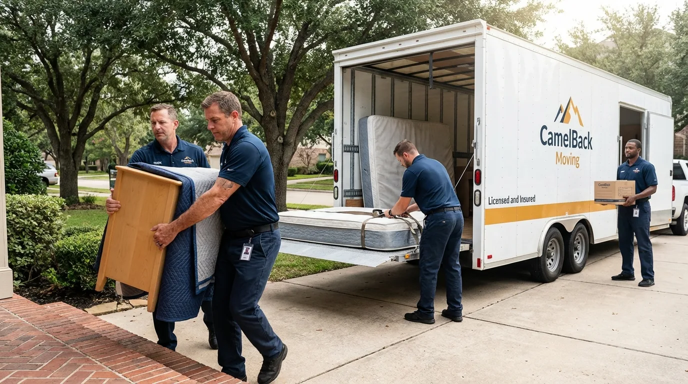 Crew loading residential truck for cross-state move from Baytown, TX