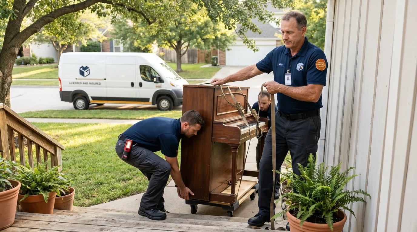 Licensed piano movers securing grand piano in Baytown, TX